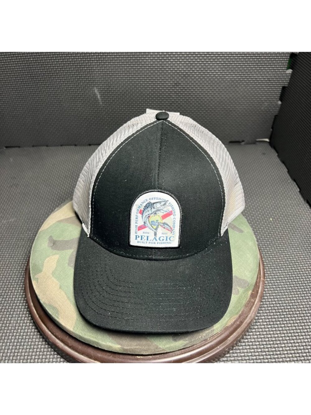 Pelagic Trucker Hat Black & Grey Mesh Snapback Built For Fishing